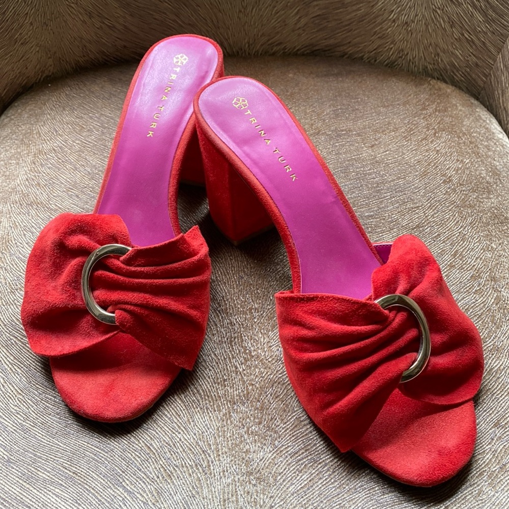 Red Suede Sandals Gold Buckle Trina Turk Size 10